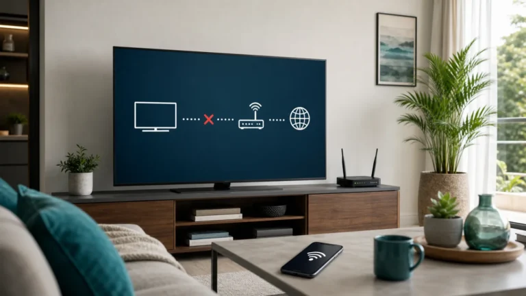 Smart TV network status diagram showing a break between television and Wi-Fi router with a phone hotspot nearby