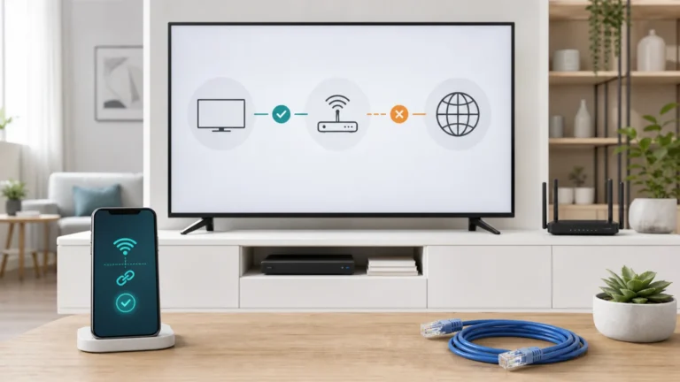 Televisor Samsung con mapa visual de conexión entre TV router e Internet y prueba con hotspot