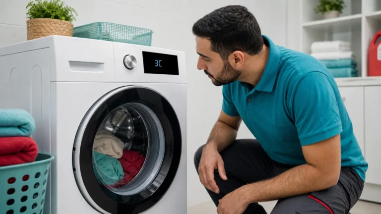 غسالة أمامية تعرض رمز 3C وفني يراقب الحلة والحمولة من الخارج من دون فك كهربائي