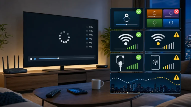 تلفزيون يعرض دائرة تحميل مع مقارنة التطبيق والواي فاي وكابل Ethernet ونقطة اتصال الهاتف