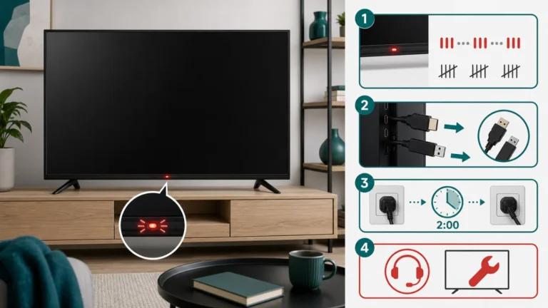 تلفزيون Sony بلا صورة مع لمبة حمراء تومض في دورة ثابتة وفصل أجهزة HDMI وتنفيذ إعادة طاقة آمنة قبل الخدمة