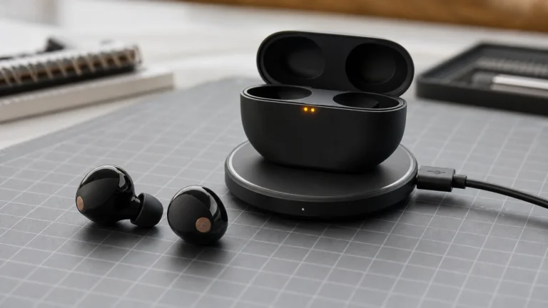 سماعات لاسلكية وعلبة شحن تعرض ضوءين برتقاليين مع كابل USB-C وقاعدة شحن لاسلكي