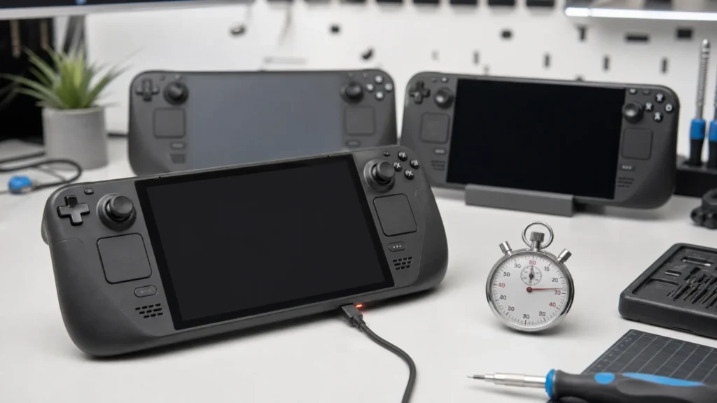 جهاز ألعاب محمول بشاشة سوداء موصول مباشرة عبر USB-C مع لمبة شحن ومؤقت لتشخيص Steam Deck