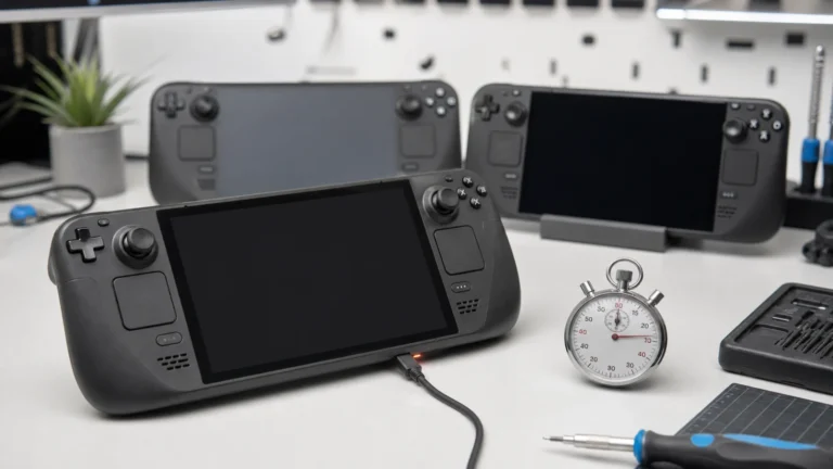 جهاز ألعاب محمول بشاشة سوداء موصول مباشرة عبر USB-C مع لمبة شحن ومؤقت لتشخيص Steam Deck