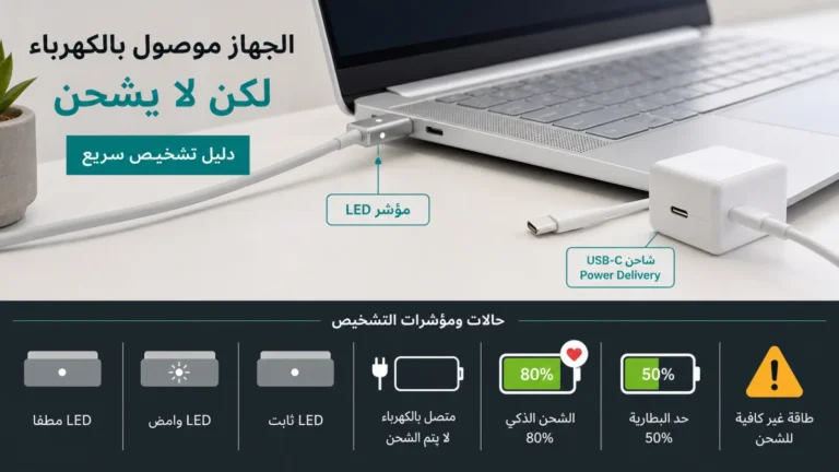 لابتوب موصول بشاحن مغناطيسي مع حالات LED ورمز البطارية وشاحن USB-C Power Delivery