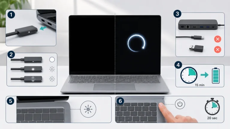 Surface Laptop لا يشتغل مع لمبة Surface Connect وفصل Dock والشحن 15 دقيقة واختصار الشاشة والضغط 20 ثانية