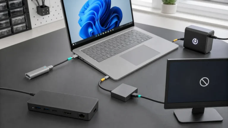 لابتوب Surface مع منفذ USB-C وكابل شاشة وشاحن Power Delivery وDock موضوعة كمسارات تشخيص منفصلة