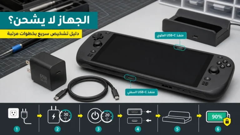 جهاز ألعاب محمول لا يشحن مع منفذي USB-C ومحول 65W ودوك وخطوات تشخيص مرقمة