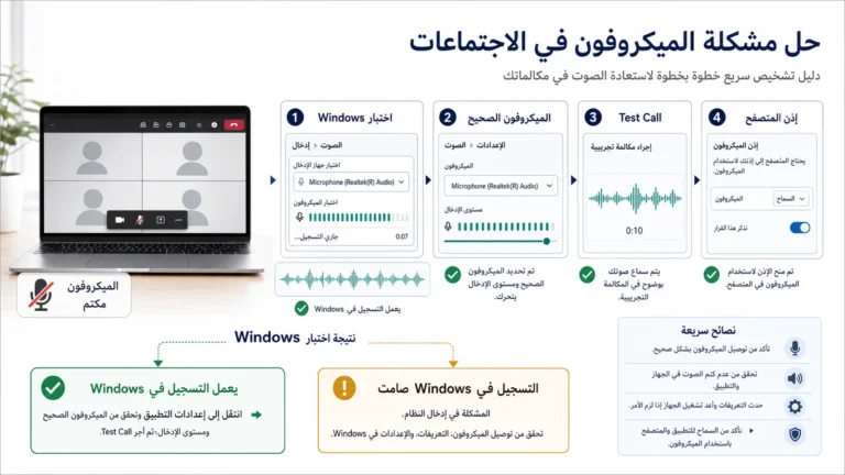 اختبار ميكروفون Microsoft Teams يقارن تسجيل Windows ناجحًا مع جهاز خاطئ وصلاحية محظورة ثم Test Call