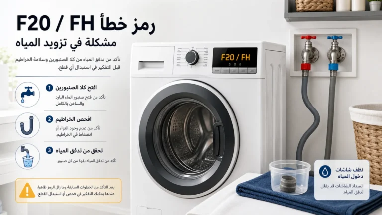غسالة أمامية تعرض F20 وFH مع صنبوري الماء وخراطيم الإدخال وشبكة الصمام للفحص الآمن
