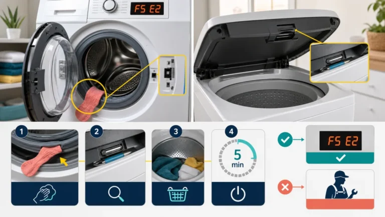 رمز Whirlpool F5E2 مع مقارنة باب الغسالة الأمامي وقفل الغطاء العلوي وعائق الملابس وإعادة الطاقة خمس دقائق