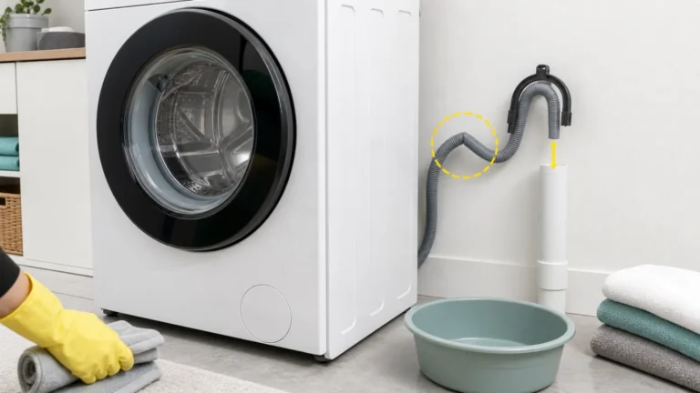 غسالة Whirlpool مع فحص التواء خرطوم الصرف وتركيبه في الماسورة