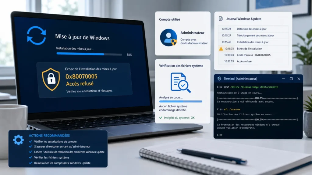 PC Windows avec erreur 0x80070005 accès refusé, compte administrateur, journal horodaté, DISM et SFC