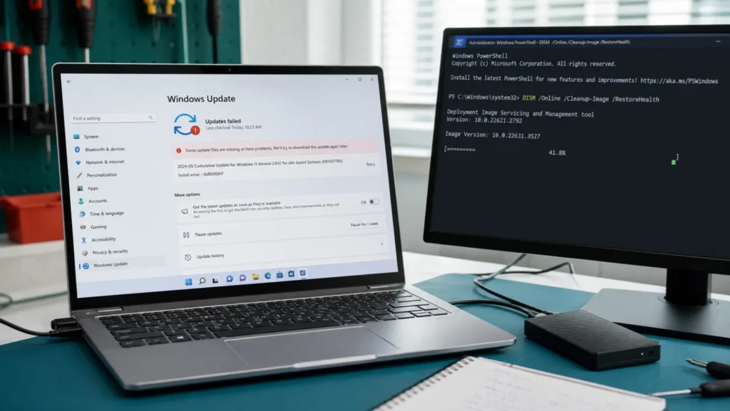 لابتوب يعرض خطأ Windows Update 0x800f081f وشاشة أخرى تشغل فحص DISM مع قرص نسخ احتياطي