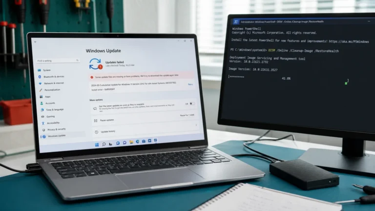 لابتوب يعرض خطأ Windows Update 0x800f081f وشاشة أخرى تشغل فحص DISM مع قرص نسخ احتياطي