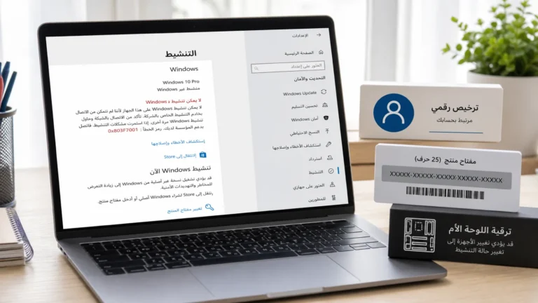 صفحة تنشيط Windows تعرض 0x803F7001 مع ترخيص رقمي ومفتاح منتج وترقية لوحة أم