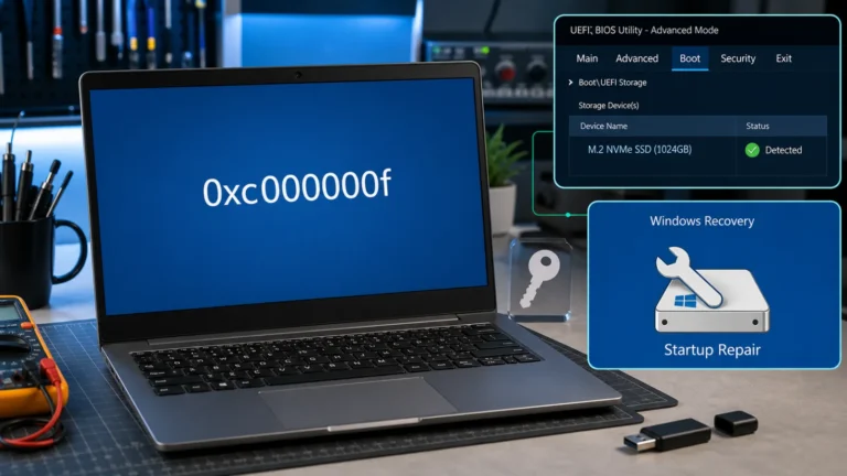 شاشة Windows Recovery تعرض 0xc000000f مع SSD ظاهر في UEFI وأداة Startup Repair