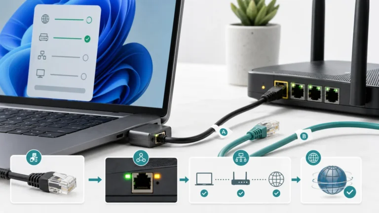 Windows laptop connected by Ethernet to router with link lights and a second known good cable for testing
