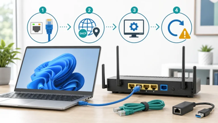 كمبيوتر Windows 11 وراوتر مع مسار تشخيص كابل Ethernet وDHCP والتعريف وإعادة ضبط الشبكة