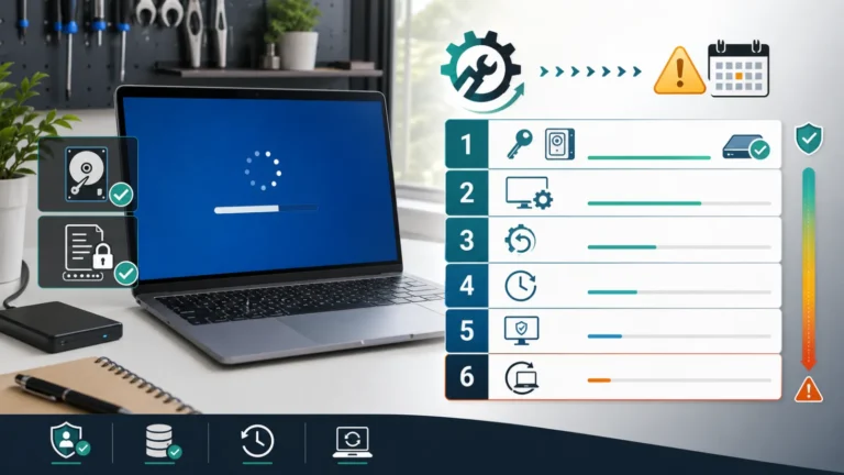 لابتوب عالق في Windows Automatic Repair مع سلم استرداد يبدأ بمفتاح BitLocker والنسخ ثم Startup Repair والتحديث وSystem Restore وينتهي بإعادة التثبيت