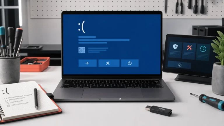 Windows laptop showing a blue screen beside recovery and Safe Mode options