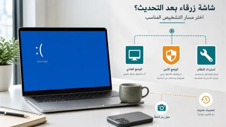 حاسوب Windows يعرض شاشة زرقاء مع مسارات سطح المكتب وSafe Mode وبيئة الاسترداد