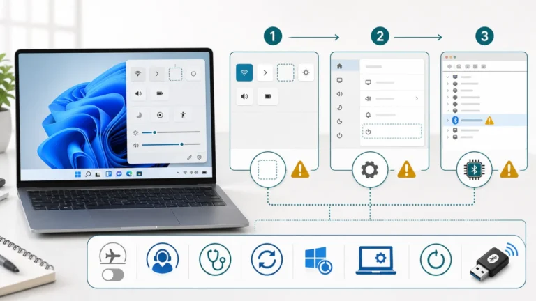 تشخيص اختفاء Bluetooth من Windows عبر Quick Settings وSettings وDevice Manager مع وضع الطيران والتحديث وتعريف الشركة