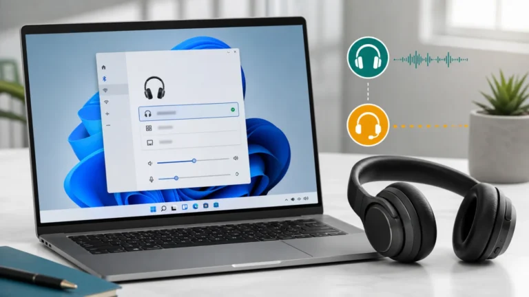 لابتوب Windows 11 يعرض سماعة Bluetooth كمخرج صوت مع رمزي Stereo والميكروفون وسماعة رأس بجانبه