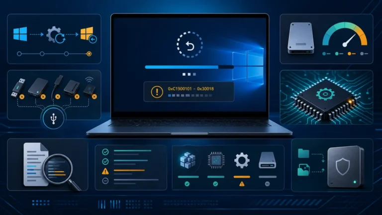 لابتوب يعرض تراجع ترقية Windows مع رمز 0xC1900101 وتعريفات وملحقات ومساحة وسجل SetupDiag