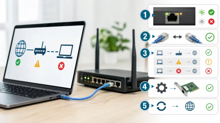 Portátil Windows conectado por Ethernet con pruebas de luz Link, cable, IP, gateway, controlador y restablecimiento final