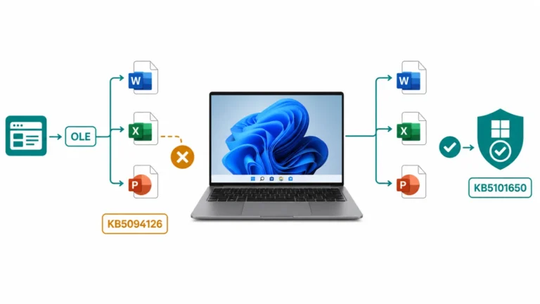 Windows 11 con fallo OLE tras KB5094126 y ruta corregida mediante KB5101650