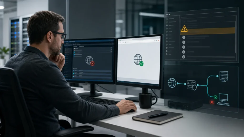 IT administrator comparing a working browser with a failed legacy network app and event log warning