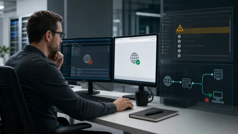 IT administrator comparing a working browser with a failed legacy network app and event log warning