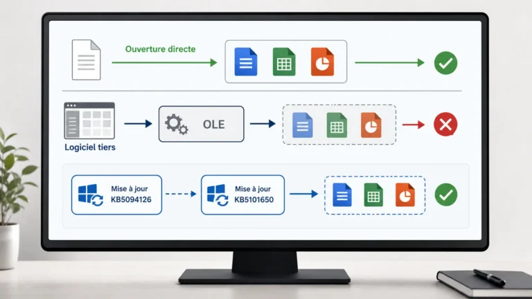 Windows 11 compare l’ouverture directe d’Office et l’échec OLE depuis un logiciel tiers avant KB5101650