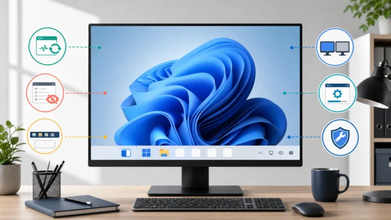 شاشة Windows 11 بأيقونات شريط مهام مفقودة مع Explorer وإعدادات الشريط والشاشات والتحديث وإصلاح النظام