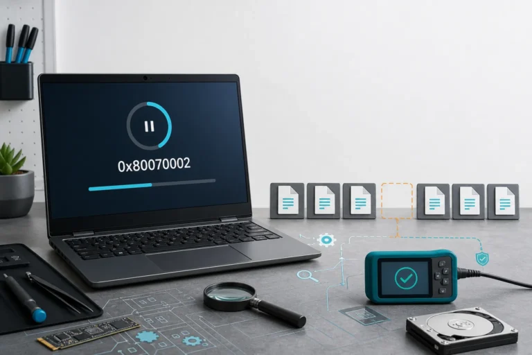 لابتوب يعرض Windows Update 0x80070002 مع ملف مفقود ومسار تشخيص Get Help ثم DISM وSFC