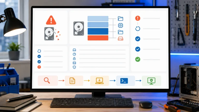 شاشة تشخيص توضح سجل Windows Update وقسم WinRE ومسار الإصلاح الآمن