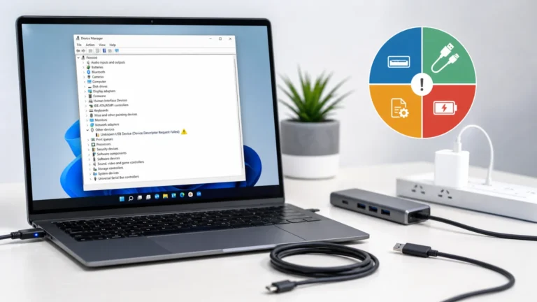 لابتوب Windows يعرض Unknown USB Device في Device Manager مع كابل USB-C وHub واختبارات المنفذ والطاقة