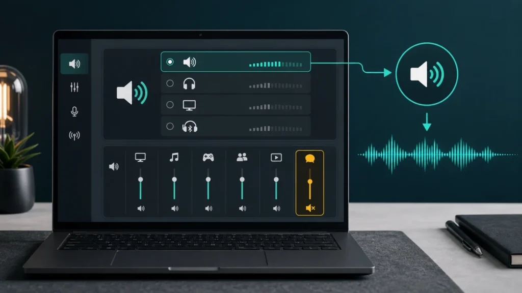 لابتوب يعرض مخرج الصوت والسماعات وHDMI وBluetooth وVolume Mixer مع تطبيق مكتوم لتشخيص انقطاع صوت Windows 11