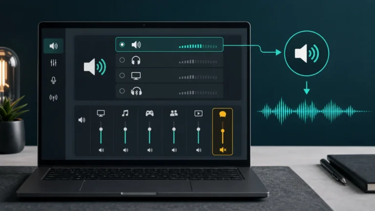 لابتوب يعرض مخرج الصوت والسماعات وHDMI وBluetooth وVolume Mixer مع تطبيق مكتوم لتشخيص انقطاع صوت Windows 11