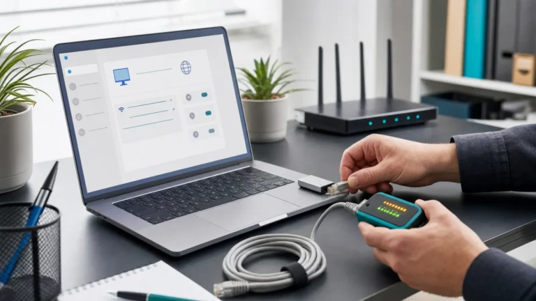 Ordinateur Windows relié en Ethernet pendant le test du câble et du routeur