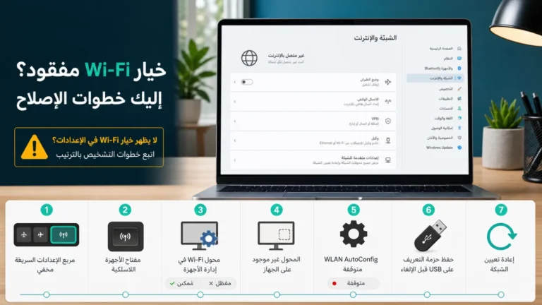 لابتوب بإعدادات شبكة بلا خيار Wi-Fi مع خطوات فحص Quick Settings والمحول وWLAN AutoConfig والتعريف
