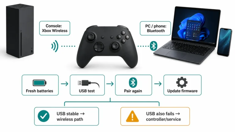 يد ألعاب Xbox مع فصل Xbox Wireless عن Bluetooth واختبار البطاريات وUSB والاقتران وFirmware