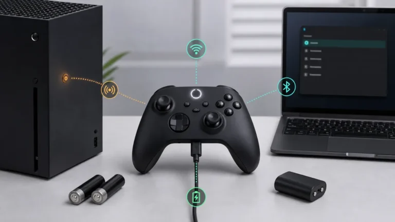 يد Xbox تومض أمام كونسول وكمبيوتر مع مسارات الاقتران وBluetooth وكابل USB بيانات