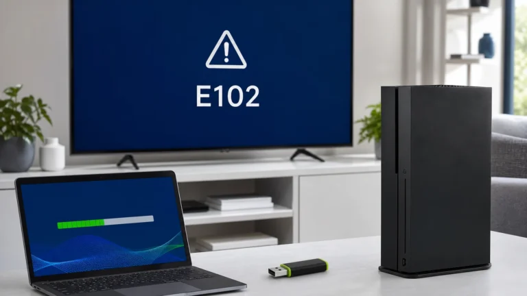 جهاز ألعاب يعرض E102 بجانب ذاكرة USB وحاسوب ينزل تحديث نظام رسمي