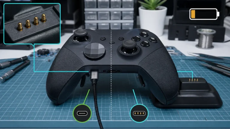 اختبار شحن ذراع ألعاب احترافية عبر USB-C وقاعدة الشحن ونقاط التلامس
