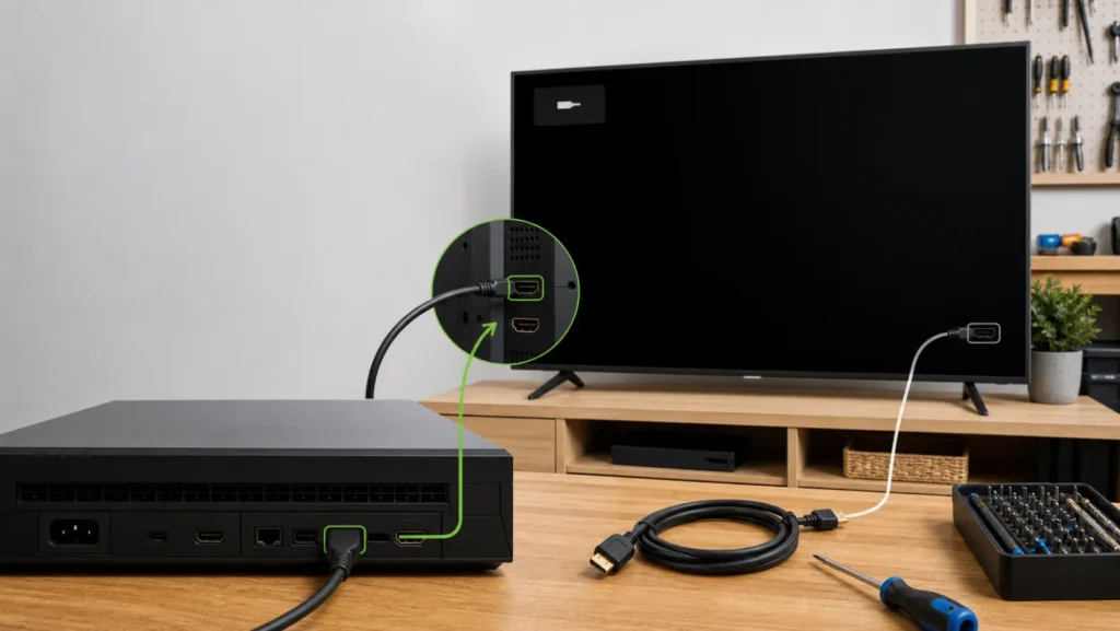 Consola conectada directamente al televisor para diagnosticar pantalla negra HDMI