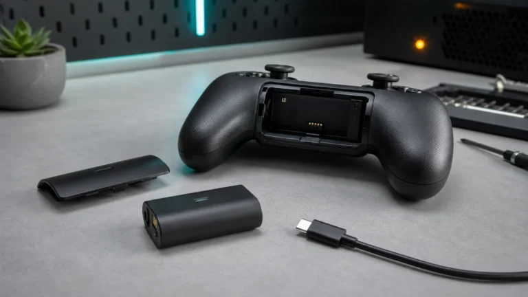يد ألعاب لاسلكية مفتوحة من الخلف وبجانبها حزمة بطارية قابلة للشحن وكابل USB-C