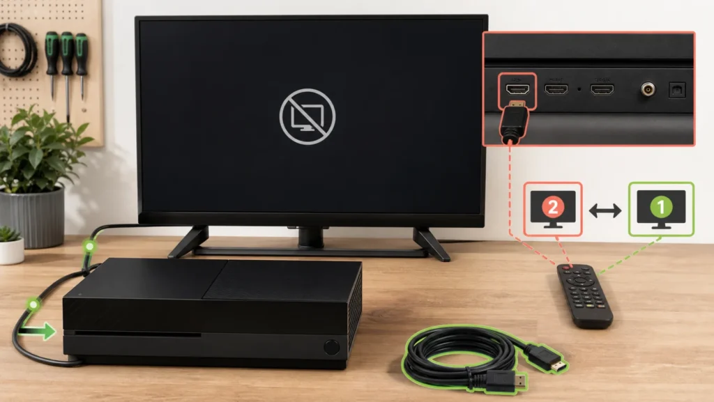 Xbox connected directly to a TV while testing HDMI output, input and spare cable