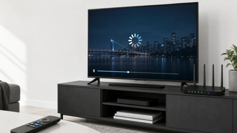 تلفزيون ذكي يعرض دائرة Buffering بجانب راوتر واي فاي أثناء تشخيص تعليق YouTube TV